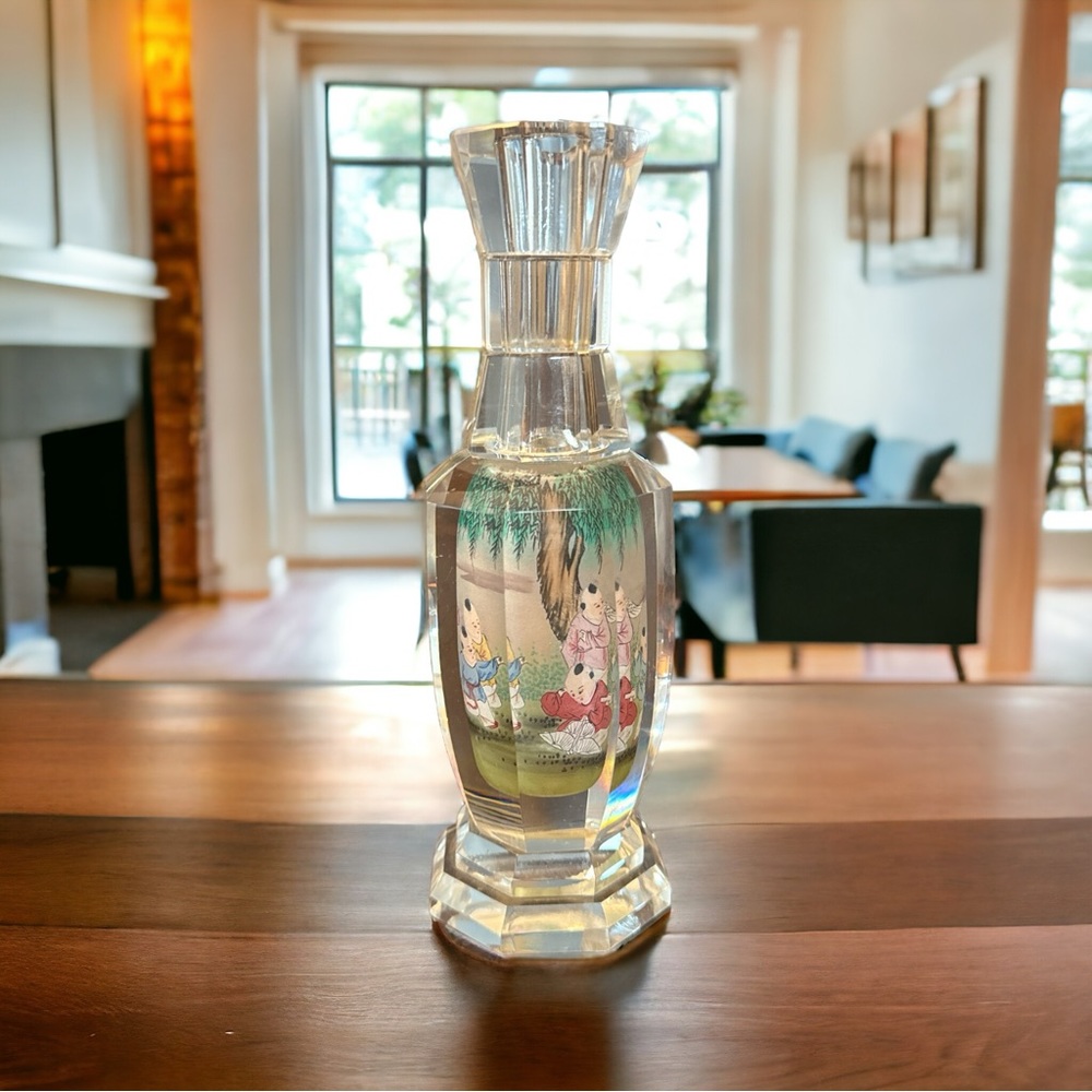 Reverse Painted Crystal Vase Chinese Scenery